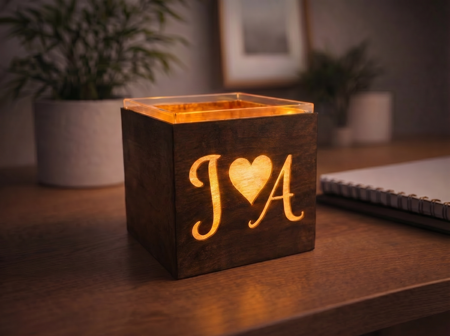 Personalised Couple's Moonlit Glow Veneered Cubic Tealight holder - Gift